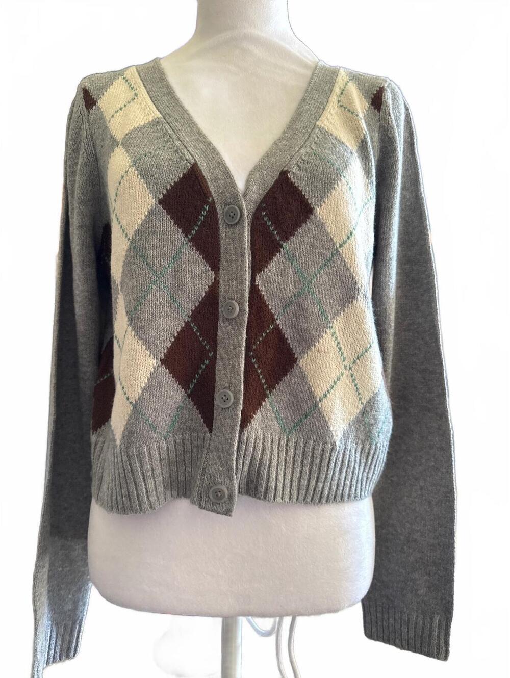 American Eagle Women's Medium Argyle Button-Up Cardigan Sweater